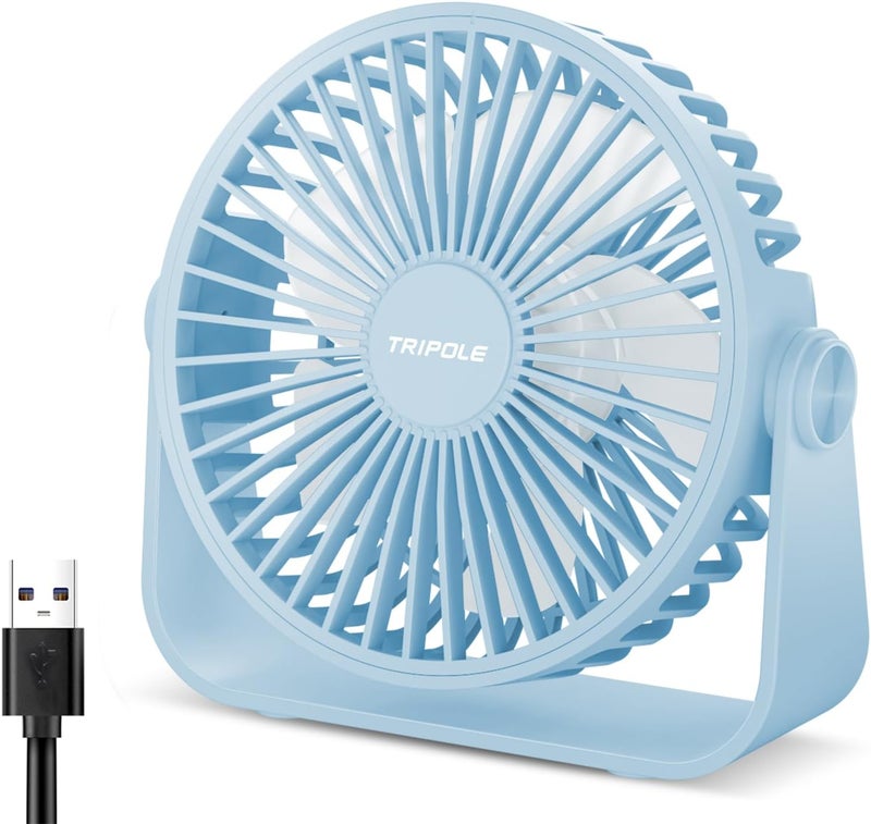 TriPole USB Desk Fan Portable Mini Fan Powerful 3 Speeds Wind Personal Desktop Fan with 360° Head Rotation for Home Office Car Indoor Outdoor Blue, No Battery, 4.5 Inches - Image 1